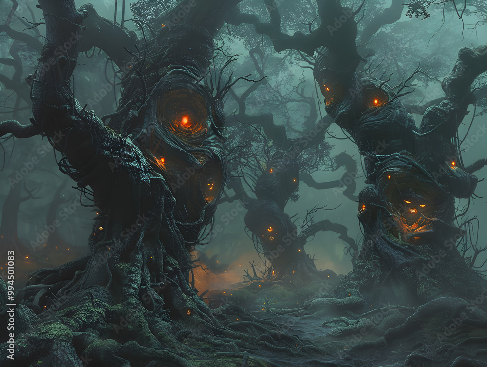 Eerie forest with gnarled trees and glowing eyes peering out from the ...