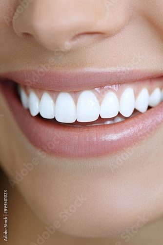 A close-up of a smiling person showing perfect white teeth and healthy gums i...