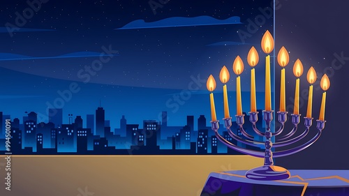 A menorah with lit candles sits on a table in front of a window with a view of a city skyline at night. photo