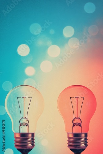 Two light bulbs glowing softly against a colorful, blurred background with bo...