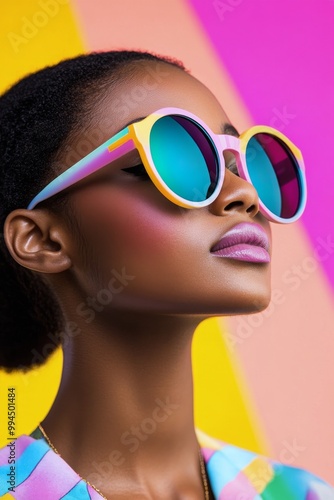 A woman with stylish sunglasses poses against a vibrant, colorful background ...