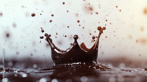 Chocolate splash creating a crown shape on a smooth surface in a softly lit e...