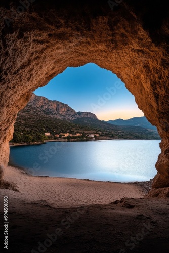 A tranquil view of a serene lake framed by a cave at dusk in a picturesque na...