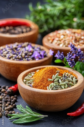 A colorful assortment of spices and herbs arranged in wooden bowls on a dark ...
