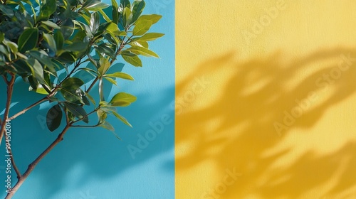 A vibrant green plant casts a shadow against a bright yellow and blue wall in...