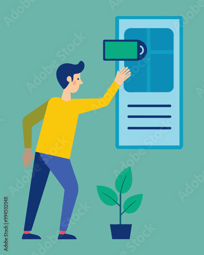 A person turns off the air conditioner and opens a window utilizing natural ventilation and reducing their energy consumption.. Vector illustration
