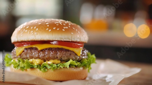 Delicious cheeseburger with fresh toppings served in a cozy diner setting