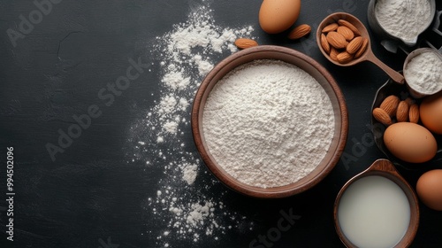Preparing for baking with flour, eggs, and almonds on a dark wooden surface