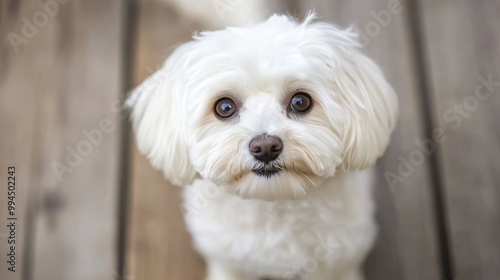 Adorable white dog sits on wooden floor, gazing curiously at the camera in bright indoor light