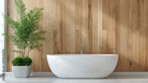 Elegant bathtub with plants against a wooden wall in a serene bathroom setting