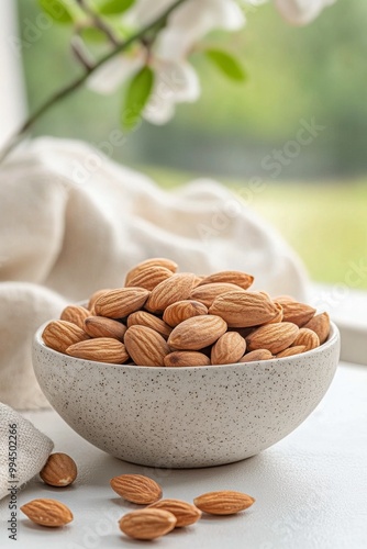 Freshly harvested almonds in a speckled bowl on a bright surface with natural...