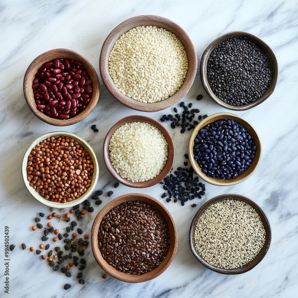 A selection of raw uncooked grains, beans, cereals laid out in bowls, cups, and glasses for healthy cooking on marble background, selective focus, square crop. Clean eating, dieting, healthy, detox, A selection of raw uncooked grains, beans, cereals laid out in bowls, cups, and glasses for healthy cooking on marble background, selective focus, square crop. Clean eating, dieting, healthy, detox,
