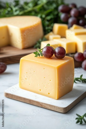 Delicious cheese varieties arranged on a wooden board with fresh grapes and h...