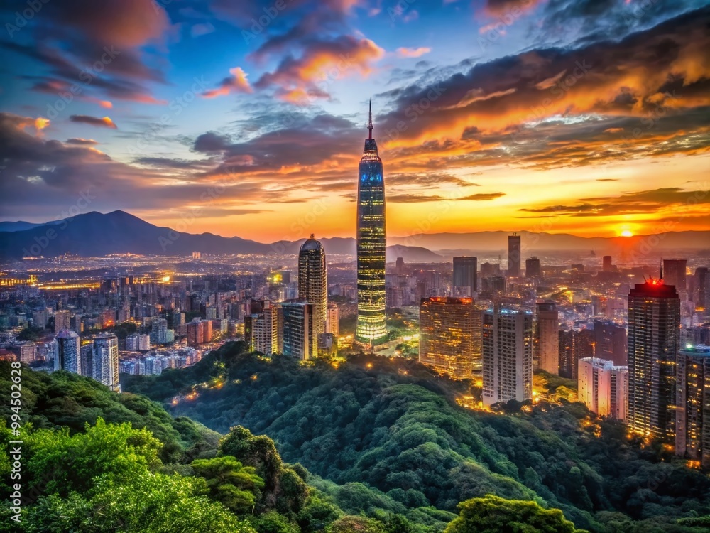 Fototapeta premium Stunning Taipei Skyline at Dusk with Vibrant City Lights and Majestic Mountain Backdrop