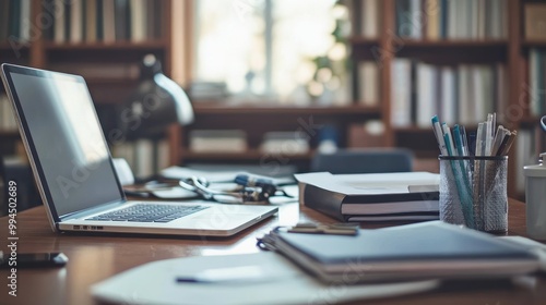 Wallpaper Mural A Laptop, Pens, and Papers on a Wooden Desk in a Study Torontodigital.ca