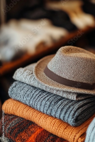 Cozy hats and sweaters arranged neatly on wooden shelves in a warm boutique s...