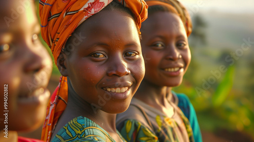 Authentic Rwandan family smiling warmly at the camera, highlighting the beauty of rural life, strong family connections, and way of life in the Rwandan countryside. Poverty and overcoming adversity. photo