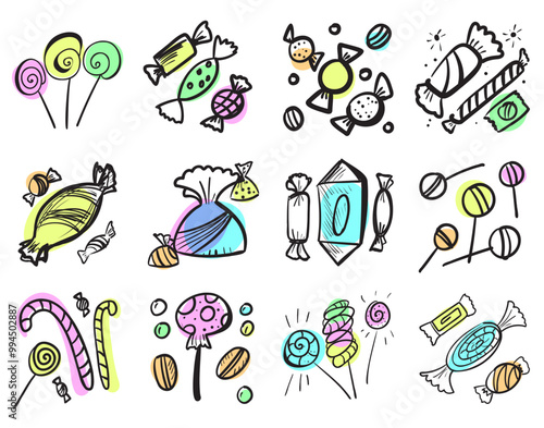 Sketched candy set isolated. Engraved doodle sweets design elements collection with chocolate in wrapper, caramel sketch, lollipop, toffee, sketchy candies. Hand drawn vector imitation