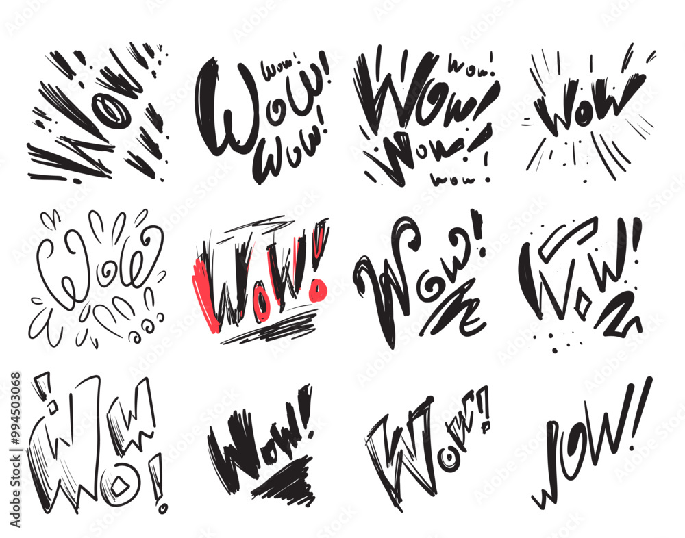 WOW hand drawn word set. Expression doodle text, scribble lettering, wow sketched print WOW hand drawn word set. Expression doodle text, scribble lettering, wow sketched print