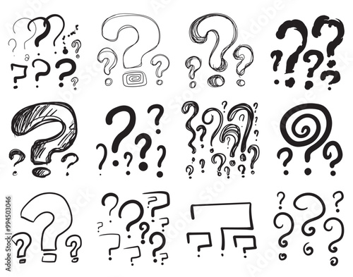 Set of different sketched question marks. Quiz symbols collection, minimalist interrogation signs, simple rebus icons, questions vector illustration. Hand drawn imitation