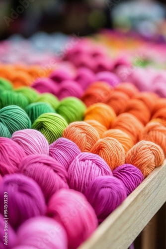 Colorful collection of yarn balls arranged in rows showcasing vibrant hues fo...