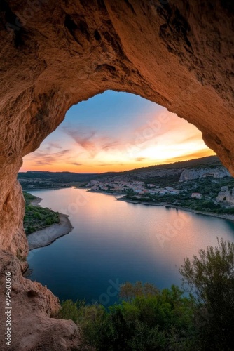 A tranquil view of a serene lake framed by a cave at dusk in a picturesque na...