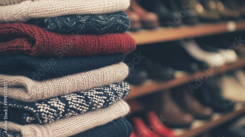 Stacks of cozy sweaters arranged neatly on a wooden shelf in a retail clothin...