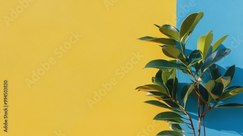 A vibrant green plant casts a shadow against a bright yellow and blue wall in...
