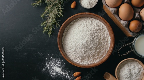 Preparing for baking with flour, eggs, and almonds on a dark wooden surface