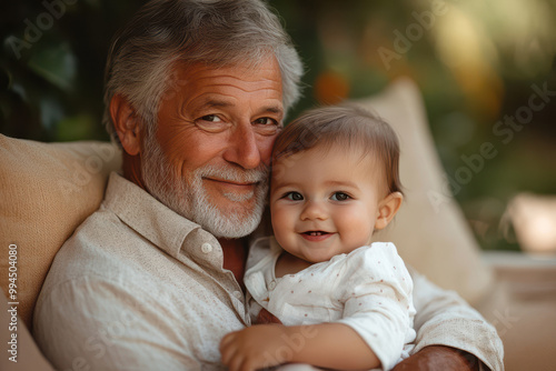 Happy grandfather holding his smiling cute baby grandchild sitting on the couch in the garden, nature background.