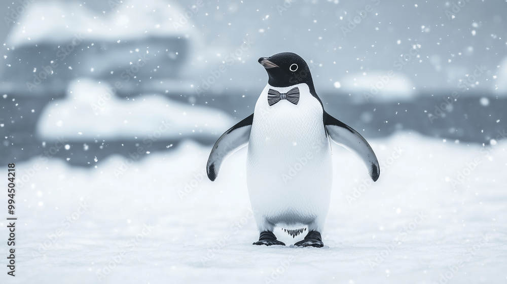 Fototapeta premium Penguin wearing a bow tie standing gracefully in a snowy landscape