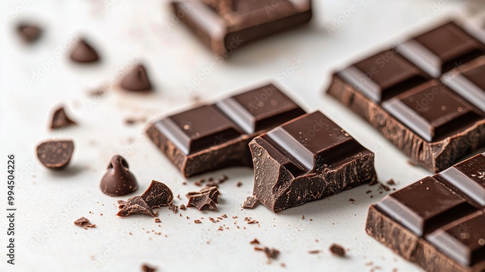 Delightful dark chocolate pieces scattered on a gray surface with chips and crumbs nearby Delightful dark chocolate pieces scattered on a gray surface with chips and crumbs nearby