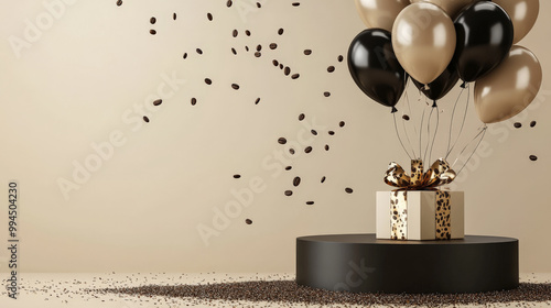 A minimalist black podium with beige and gold balloons, a gift box tied with coffee bean-patterned ribbon, and confetti falling for a festive International Coffee Day scene.