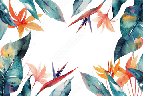 PNG Bird of paradise frame watercolor backgrounds pattern plant.