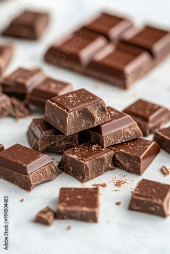 Delicious dark chocolate squares arranged on a marble surface with scattered ...