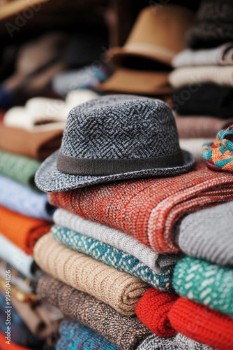 Cozy hats and sweaters arranged neatly on wooden shelves in a warm boutique s...