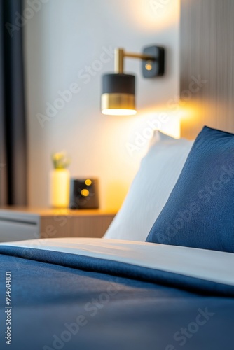 Cozy bedroom with soft pillows and warm lighting in a modern urban hotel setting