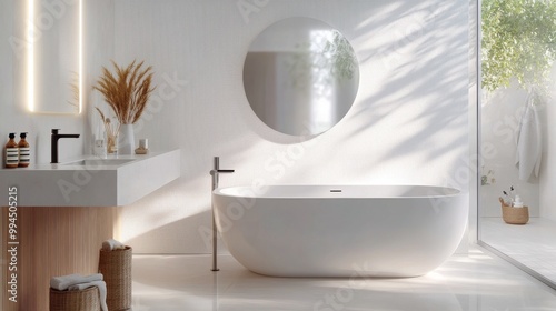 Modern bathroom with a freestanding tub and natural light from large windows