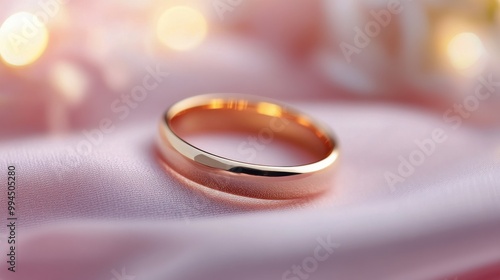Elegant gold wedding band resting on soft pink satin fabric in a well-lit set...