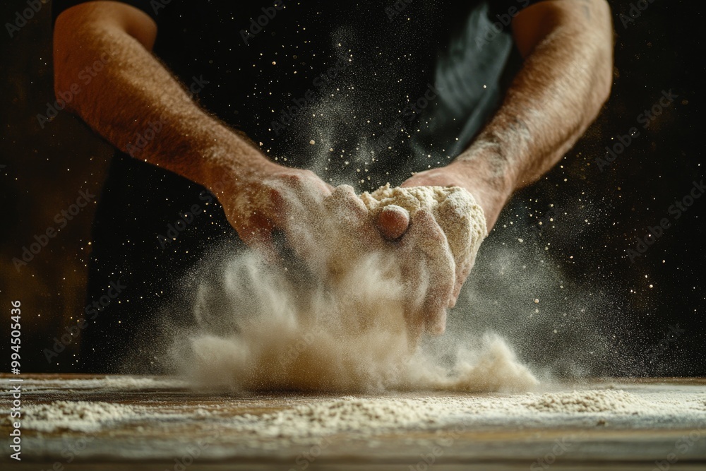Fototapeta premium A man is preparing bread dough at a bakery table made of wood