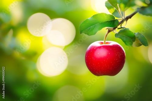 On the apple tree are red apples that are ripening, surrounded by leafy brachs that are ready for picking photo