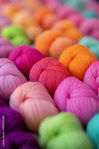 Colorful collection of yarn balls arranged in rows showcasing vibrant hues fo...