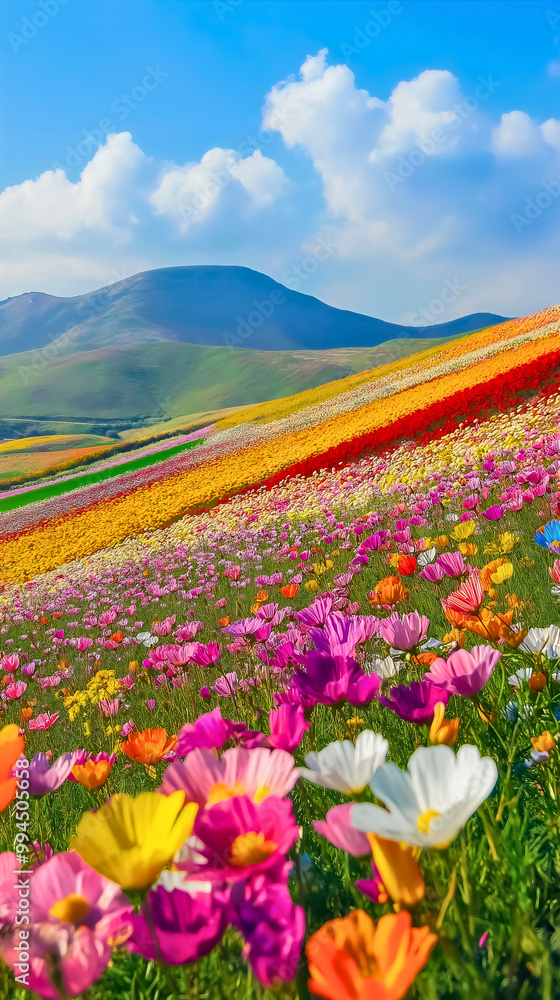 Obraz premium Wildflower summer meadow, colorful field in sunlight, beautiful spring landscape blooming, floral garden nature scene, bright countryside botanical beauty, rural petal paradise
