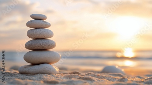 Balancing stones on sandy beach during sunset by the ocean