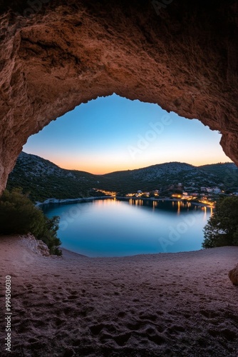 A tranquil view of a serene lake framed by a cave at dusk in a picturesque na...