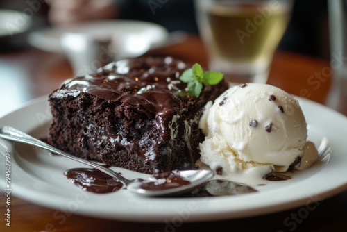 An Indian restaurant's beautiful cafe table features ice cream and brownies in a white bowl.