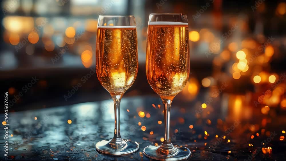 Two glasses of champagne on a festive table, ready for a New Year’s celebration Two glasses of champagne on a festive table, ready for a New Year’s celebration