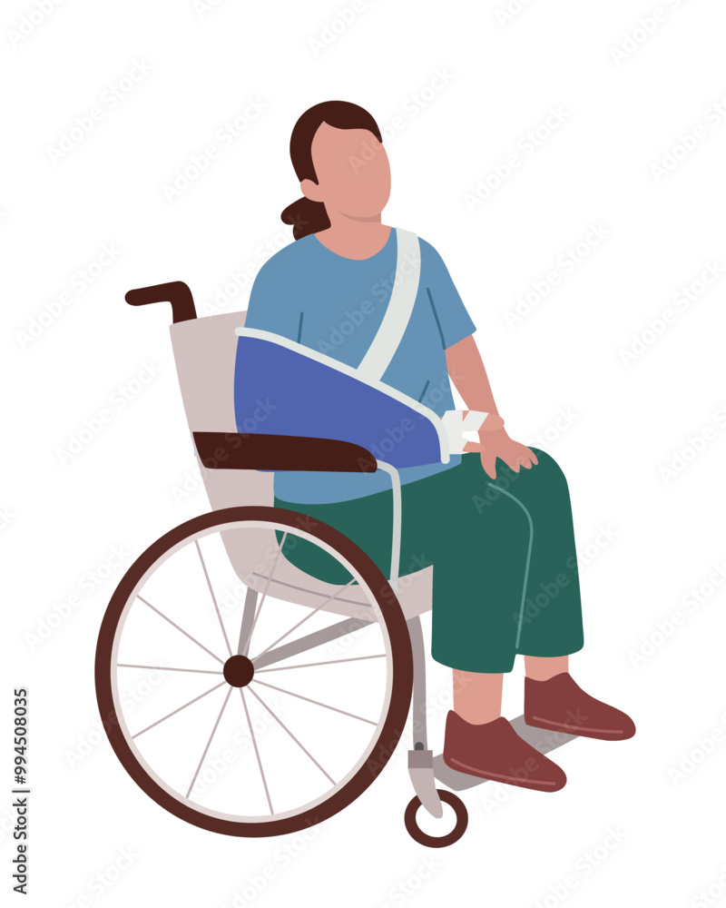 Disable person sitting in wheelchair and hand bandage injured in wheelchair, hand bandage injured in hand. Woman sitting in a wheelchair. Handicapped, disabled person. Flat vector illustration. Disable person sitting in wheelchair and hand bandage injured in wheelchair, hand bandage injured in hand. Woman sitting in a wheelchair. Handicapped, disabled person. Flat vector illustration.