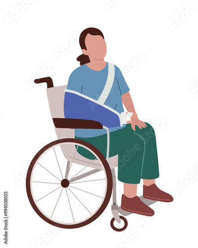Disable person sitting in wheelchair and hand bandage injured in wheelchair, hand bandage injured in hand. Woman sitting in a wheelchair. Handicapped, disabled person. Flat vector illustration.