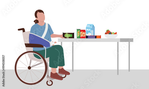 Disable person sitting in wheelchair and hand bandage injured in wheelchair, taking food, and patient eating. Young woman sitting in a wheelchair. Handicapped, disabled person flat vector illustration
